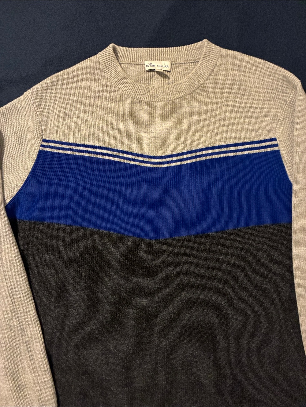 Peter Millar Colorblock Crewneck Sweater in Royal Blue, Light Gray, and Charcoal